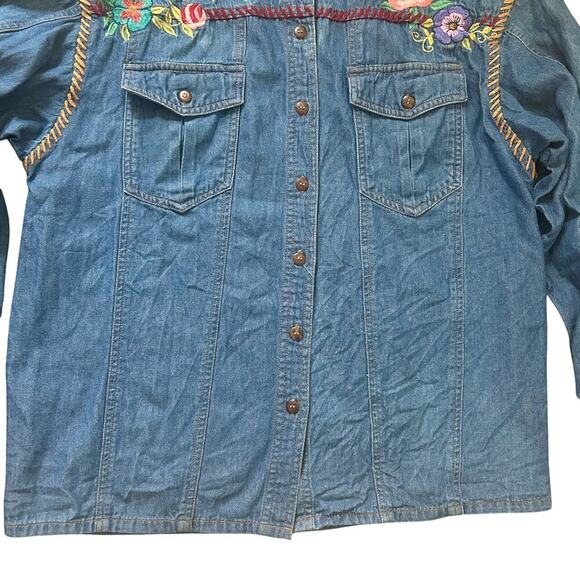 90s Vintage Oversized Western Denim Embroidered Flowers Cowgirl Cottagecore SM - Picture 7 of 10